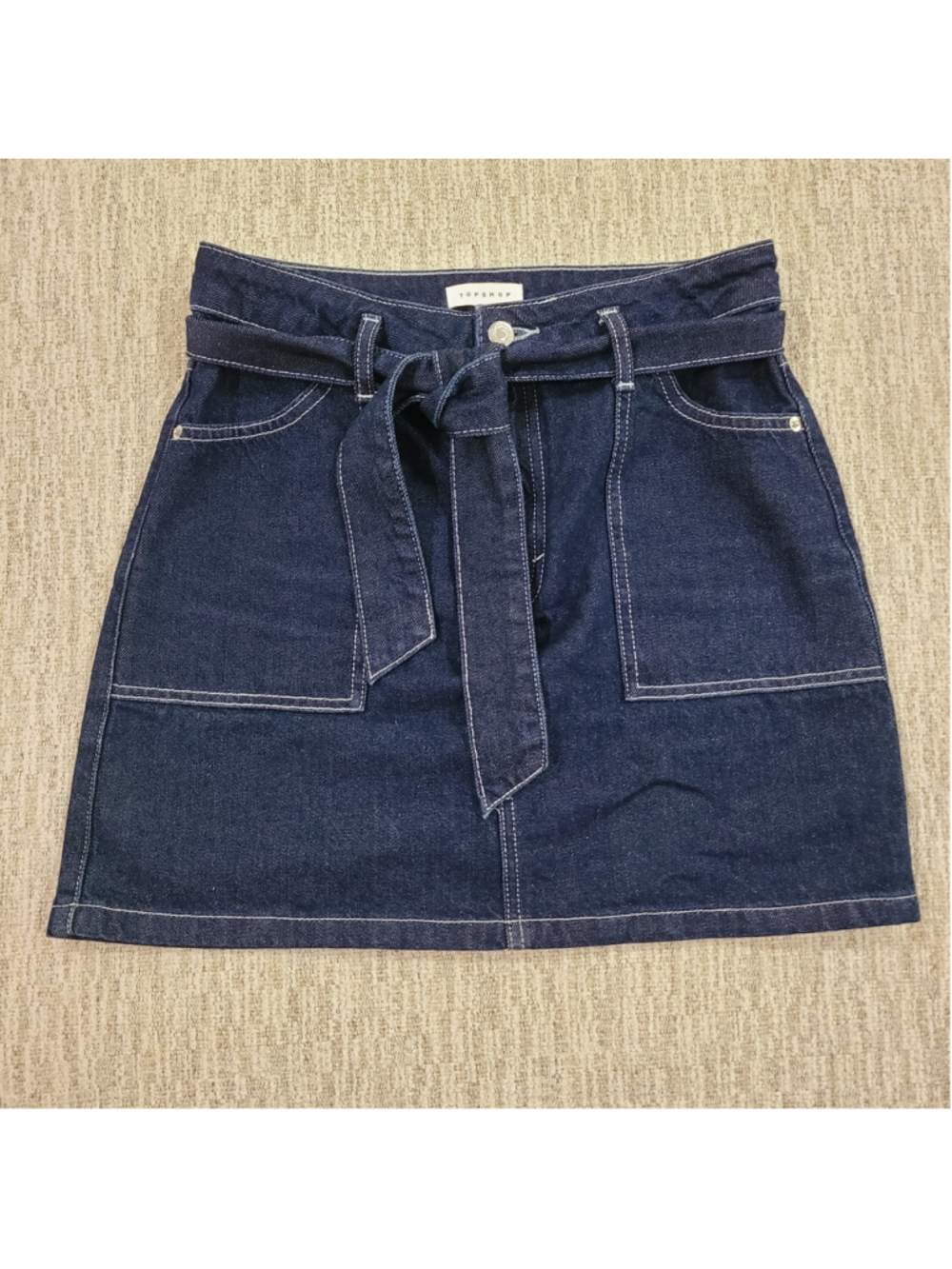 TOPSHOP Womens Size 6 Moto Belted Dark Blue Denim Jean Mini Short Skirt